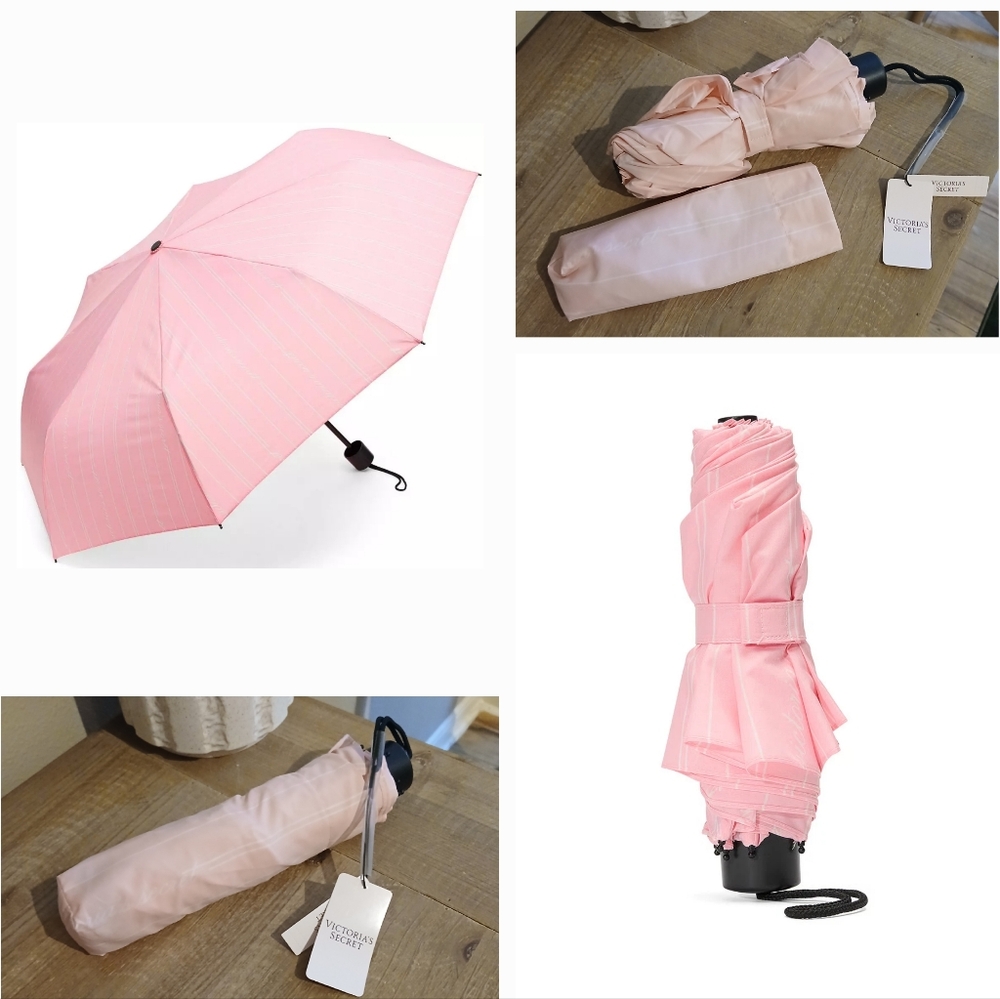 New Victoria's Secret Compact Pink And White Stripes Umbrella